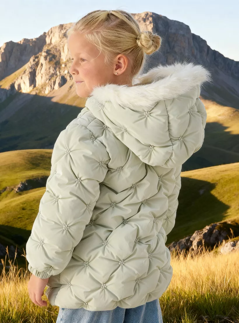 Juniors Quilted Heavy Jacket with Hood and Zip Closure-3