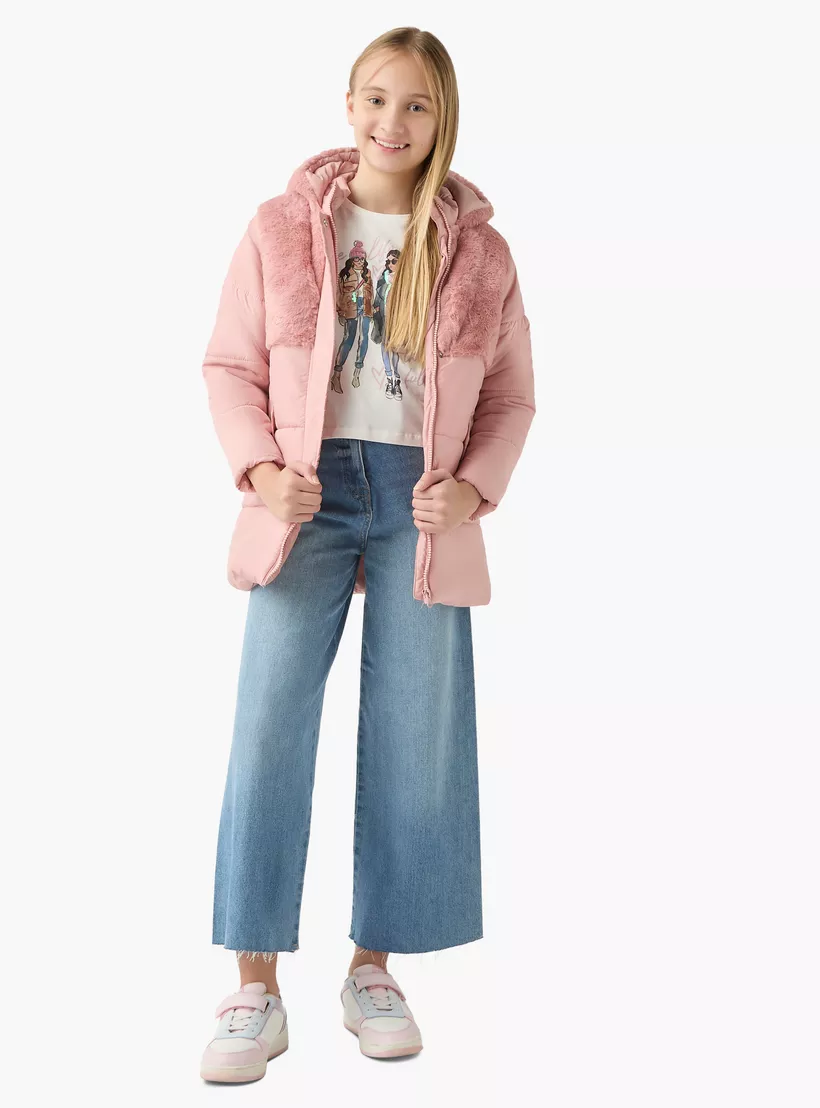 Juniors Quilted Jacket with Faux Fur Hood and Pockets-2