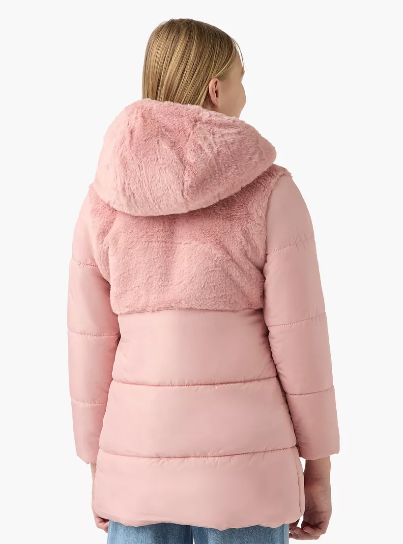 Juniors Quilted Jacket with Faux Fur Hood and Pockets-3