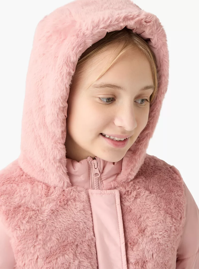 Juniors Quilted Jacket with Faux Fur Hood and Pockets-4