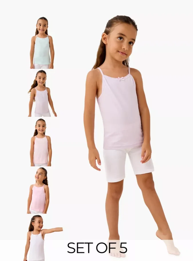 Juniors Solid Camisole with Scallop Trim and Bow Detail - Set of 5-1