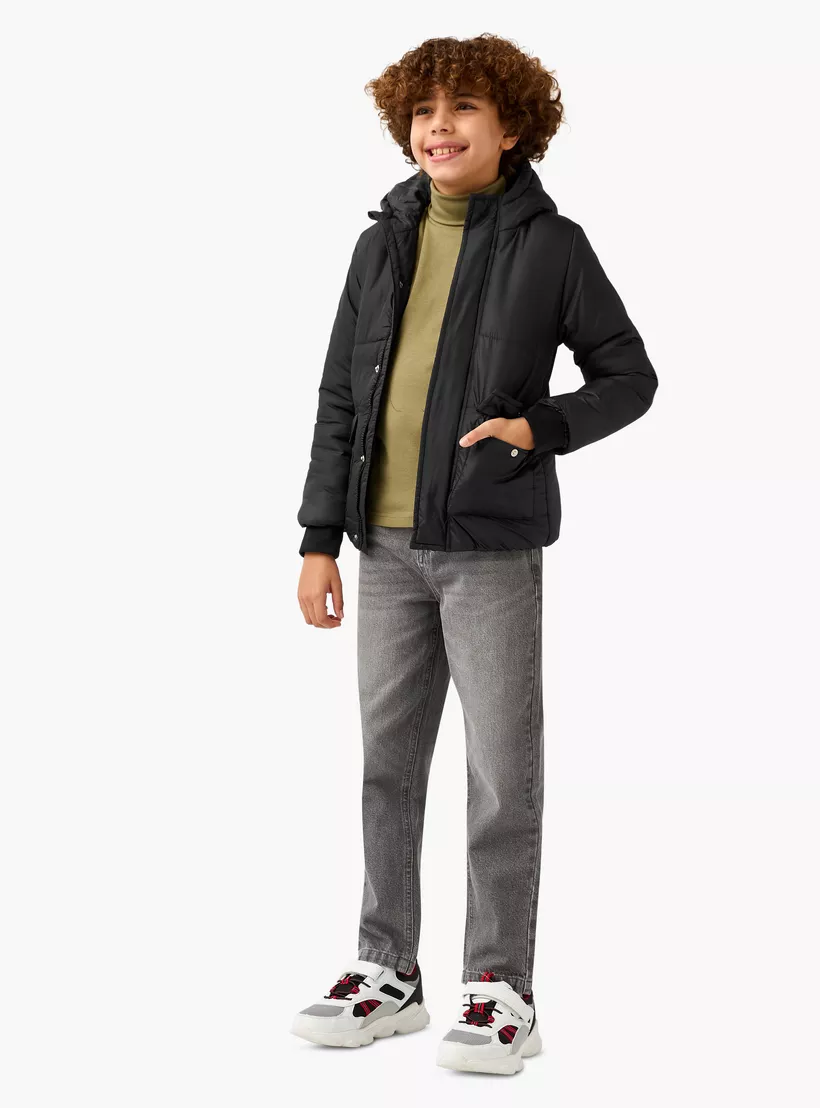 Juniors Solid Hooded Jacket with Long Sleeves-2
