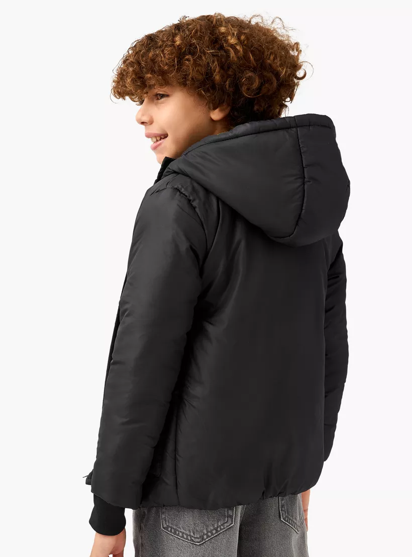 Juniors Solid Hooded Jacket with Long Sleeves-3