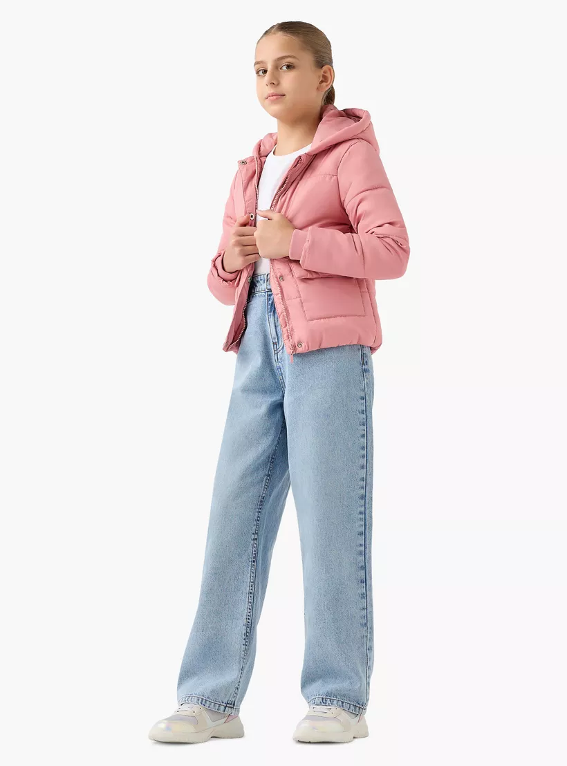 Juniors Solid Hooded Jacket with Long Sleeves and Pockets-2