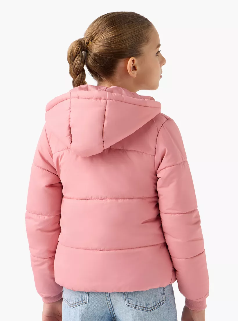 Juniors Solid Hooded Jacket with Long Sleeves and Pockets-3