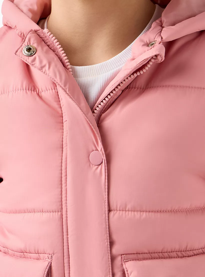 Juniors Solid Hooded Jacket with Long Sleeves and Pockets-4