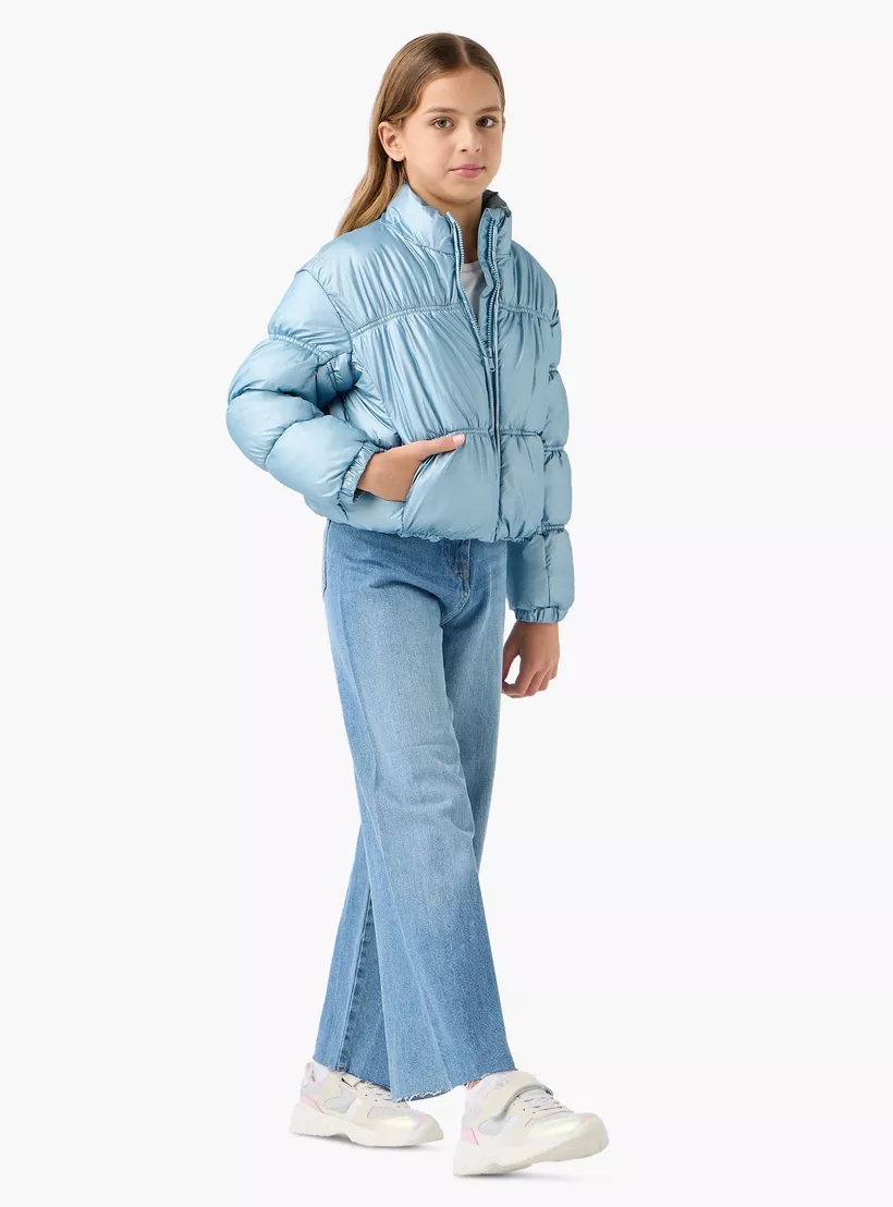 Juniors Solid Padded Jacket with High Neck and Zip Closure-2