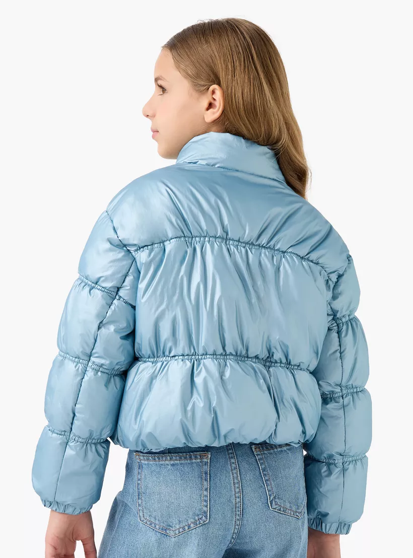 Juniors Solid Padded Jacket with High Neck and Zip Closure-3