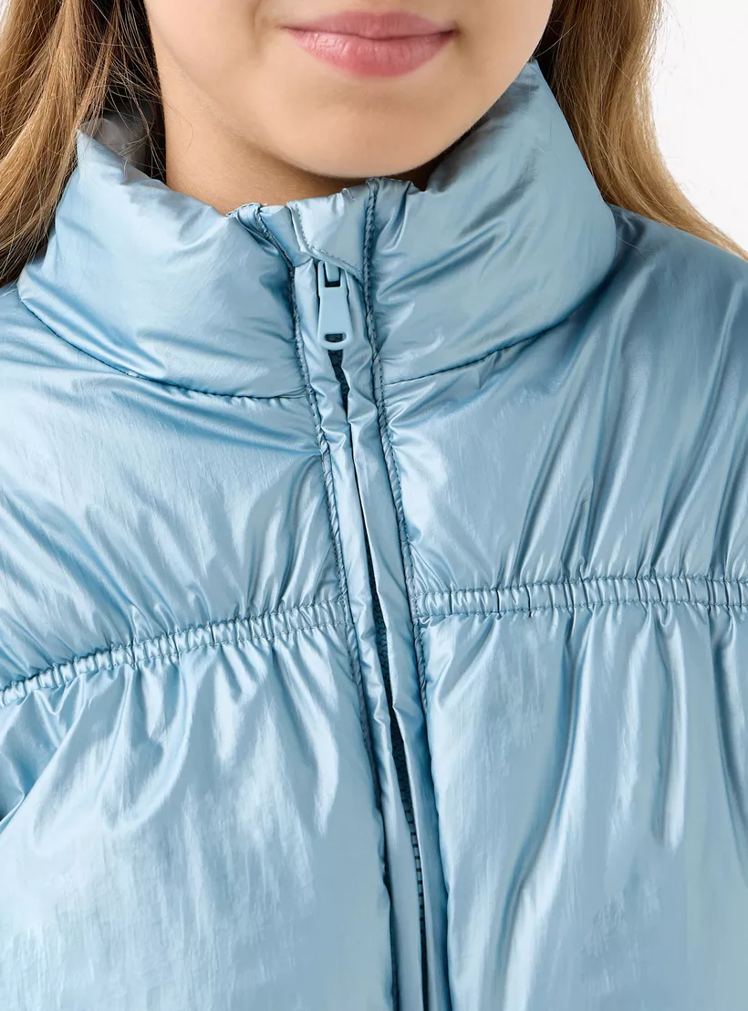 Juniors Solid Padded Jacket with High Neck and Zip Closure-4