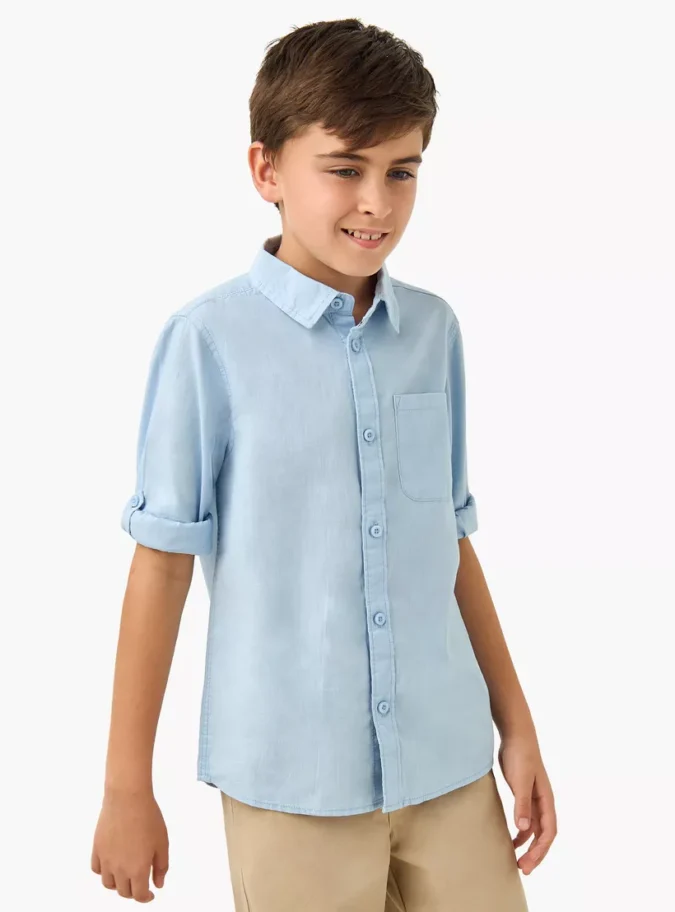 Juniors Solid Shirt with Long Sleeves and Chest Pocket-1