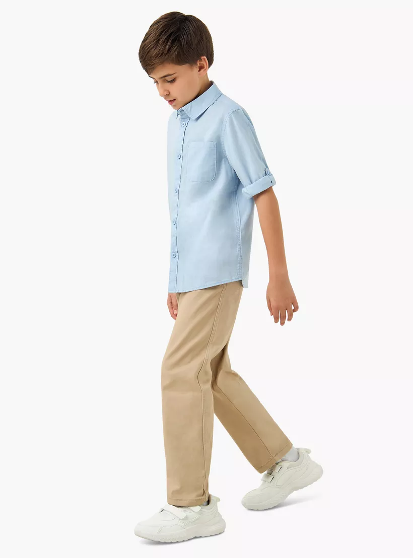Juniors Solid Shirt with Long Sleeves and Chest Pocket-2