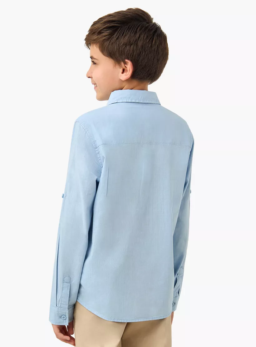 Juniors Solid Shirt with Long Sleeves and Chest Pocket-3