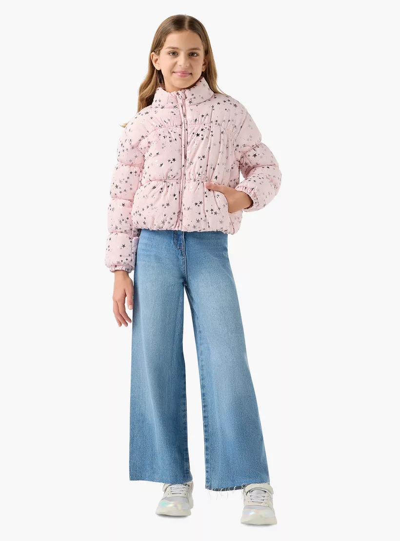Juniors Star Print Padded Jacket with High Neck and Zip Closure-2
