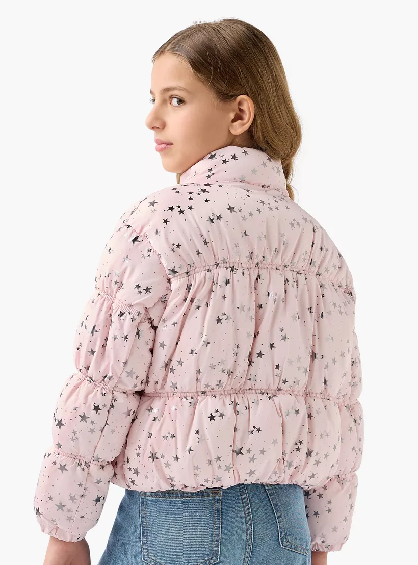 Juniors Star Print Padded Jacket with High Neck and Zip Closure-3