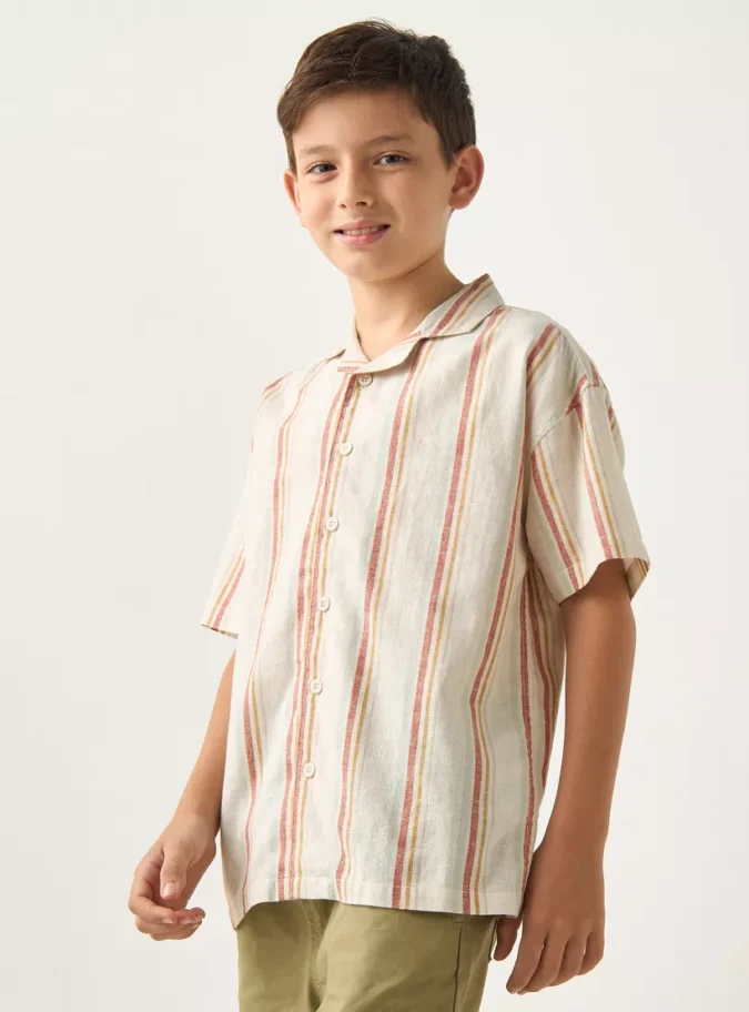 Juniors Striped Camp Collar Shirt with Short Sleeves-1