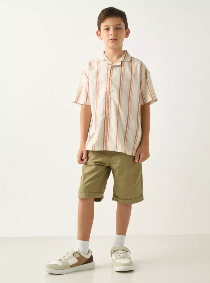 Juniors Striped Camp Collar Shirt with Short Sleeves-2