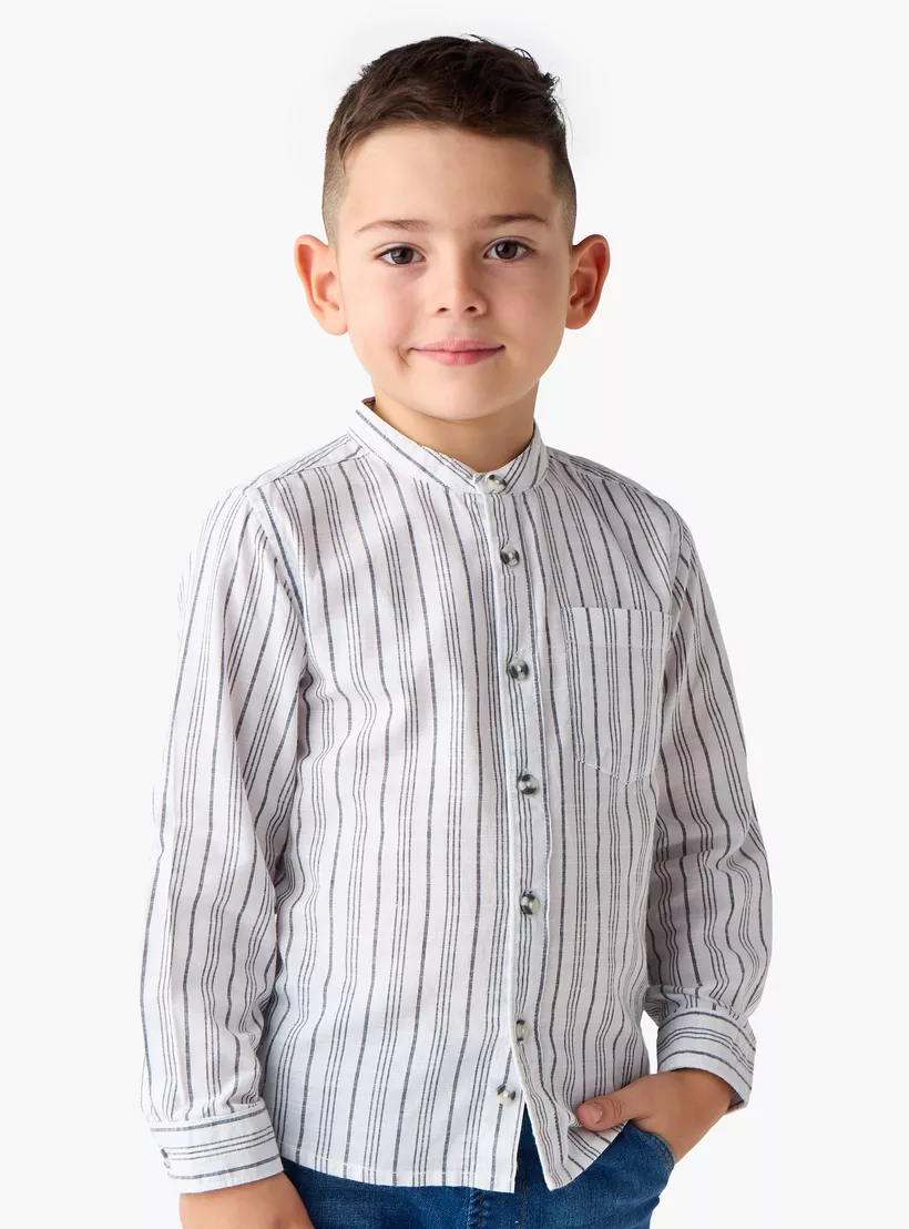 Juniors Striped Shirt with Mandarin Collar and Long Sleeves-2