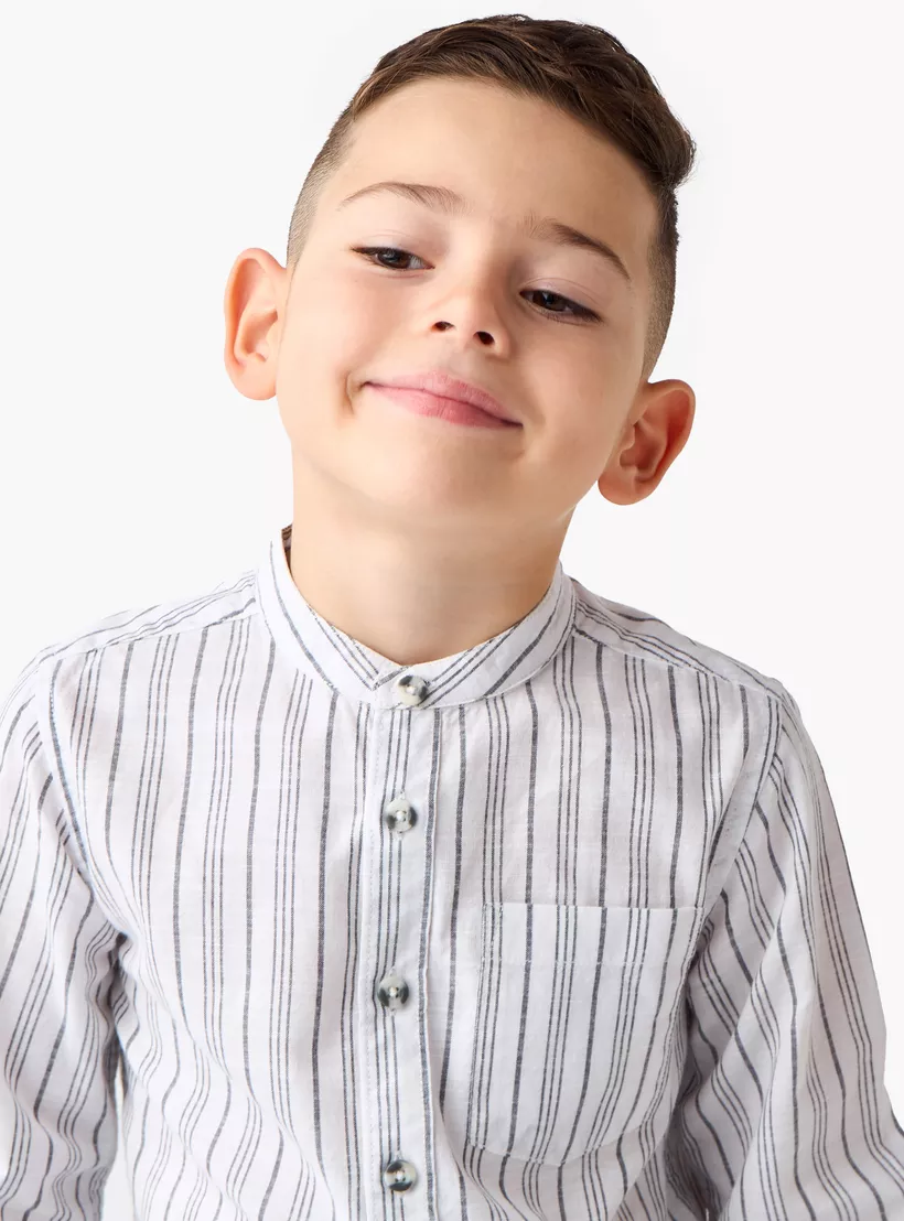 Juniors Striped Shirt with Mandarin Collar and Long Sleeves-4