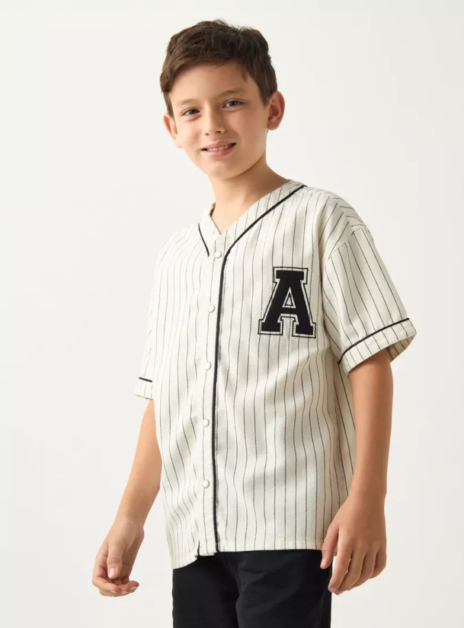 Juniors Striped V-neck Shirt with Short Sleeves-1