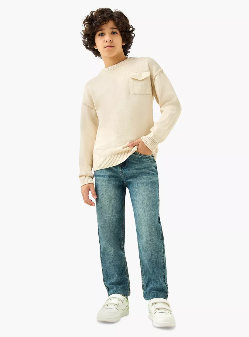 Juniors Textured Crew Neck Pullover with Long Sleeves-2