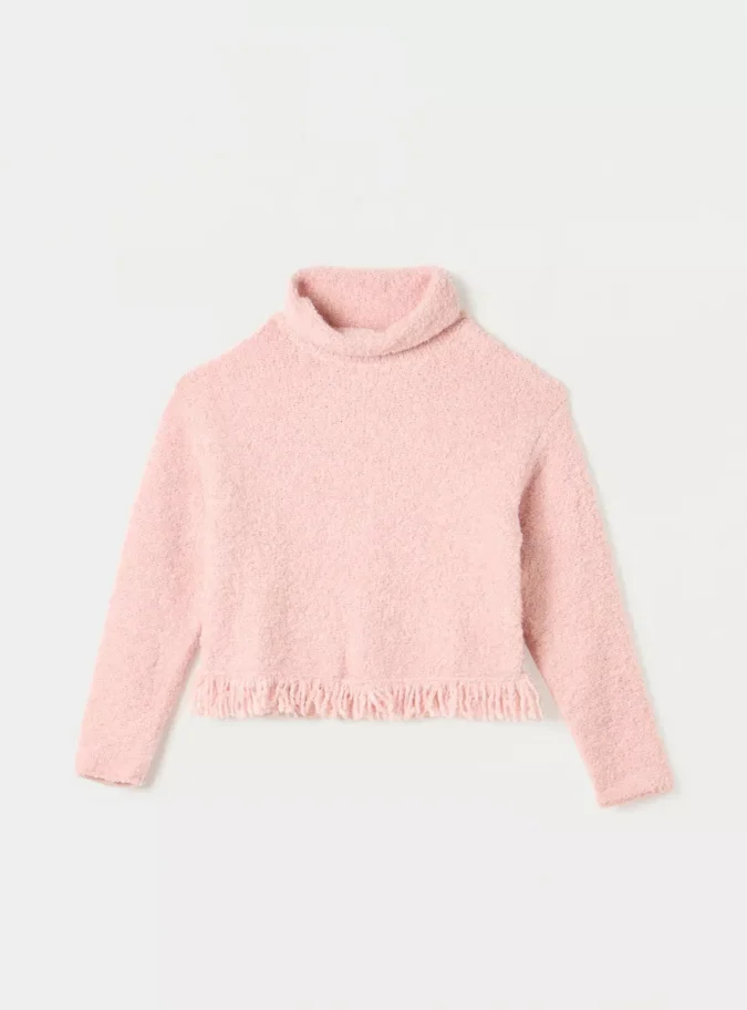 Juniors Textured High-Neck Sweater with Fringe Detail-1