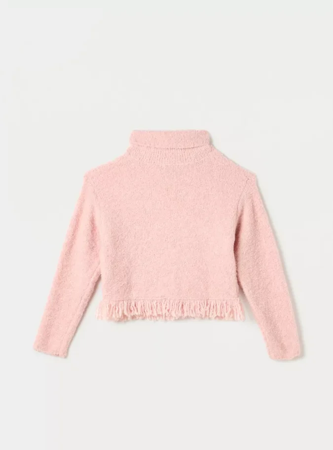 Juniors Textured High-Neck Sweater with Fringe Detail-2