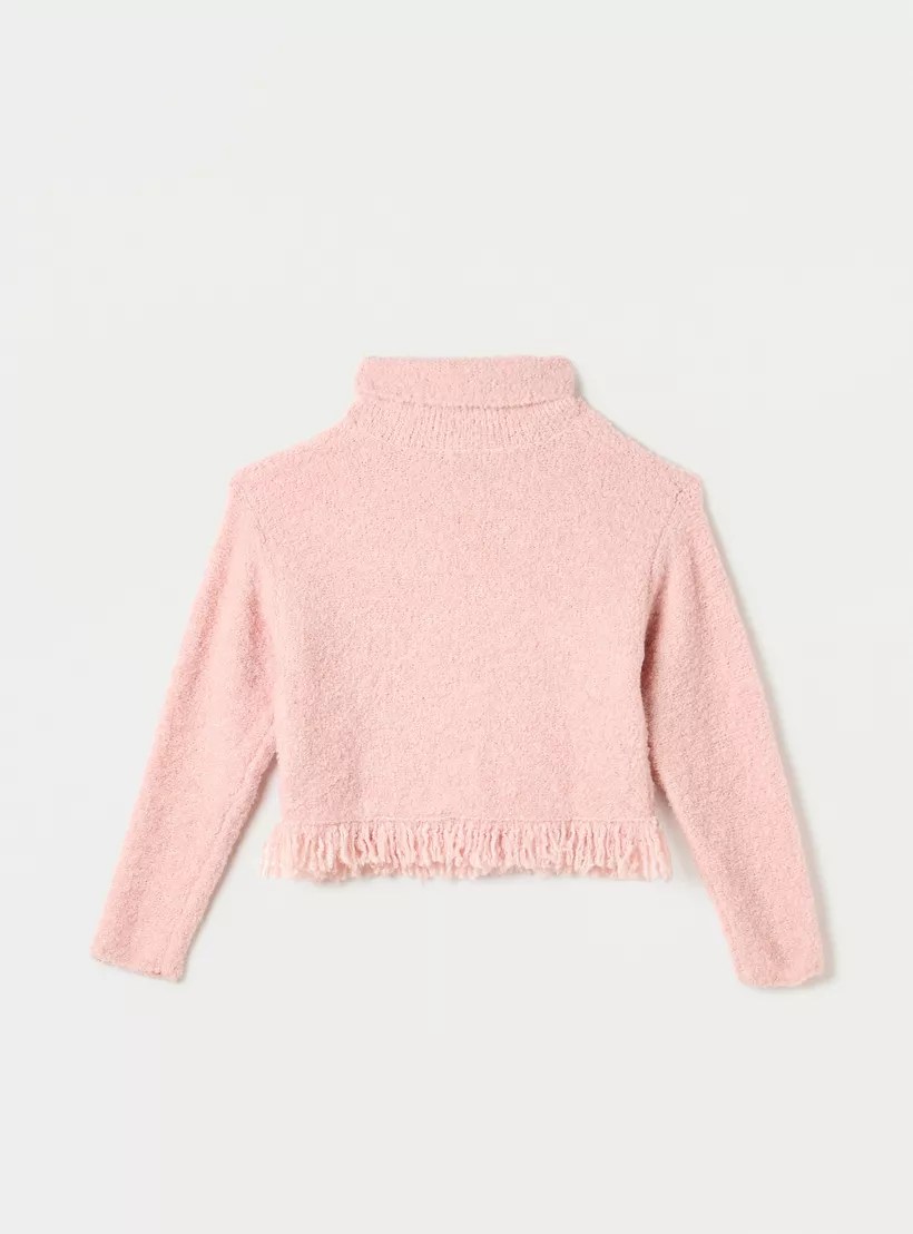 Juniors Textured High-Neck Sweater with Fringe Detail-2