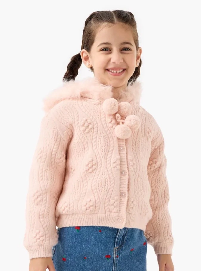 Juniors Textured Hooded Cardigan with Long Sleeves-1