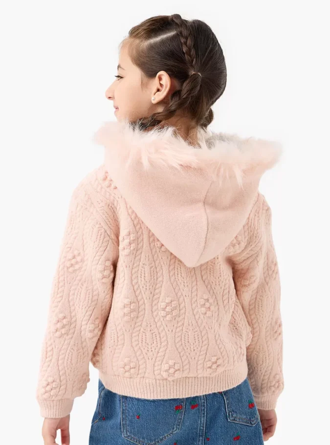 Juniors Textured Hooded Cardigan with Long Sleeves-3