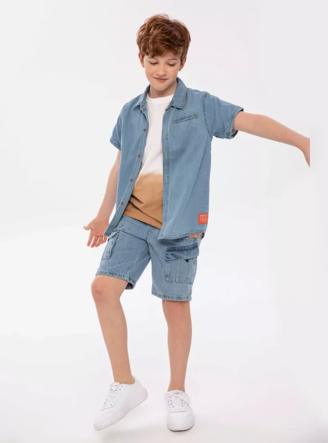 Minoti Solid Short Sleeves Denim Shirt-2