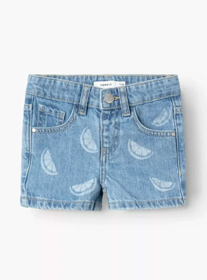 Name It Girls' Denim Printed Shorts with Button Closure-1