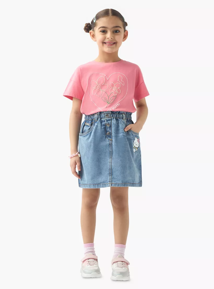 Sanrio Hello Kitty Print Denim Skirt with Elasticated Waist-2