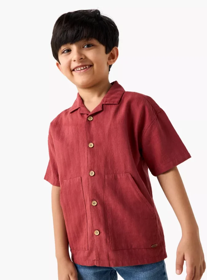 Solid Camp Collar Shirt with Short Sleeves and Pocket-1