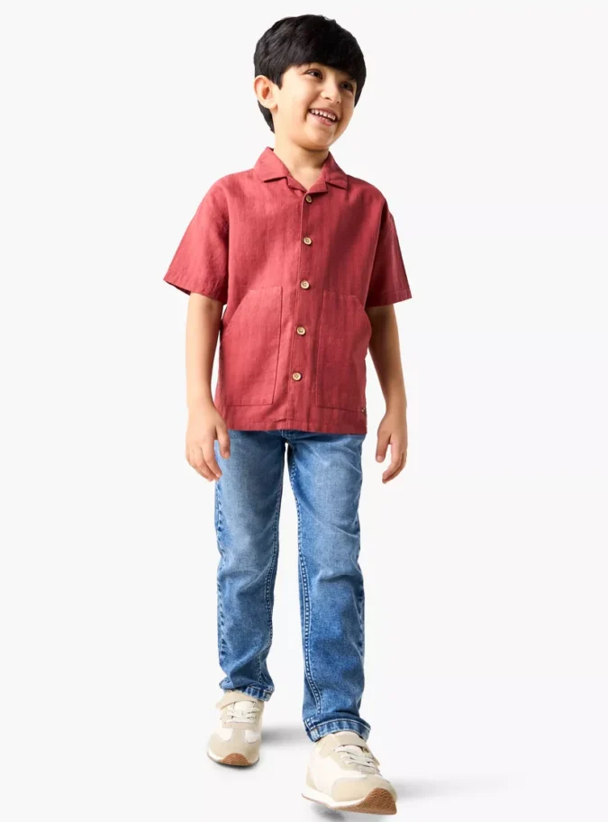 Solid Camp Collar Shirt with Short Sleeves and Pocket-2