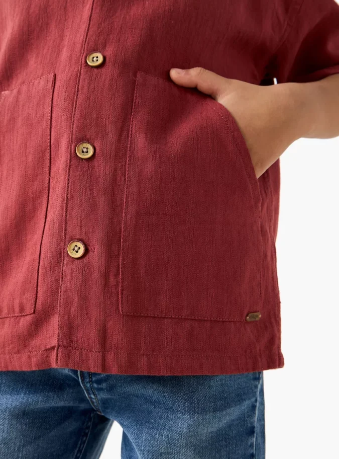 Solid Camp Collar Shirt with Short Sleeves and Pocket-4