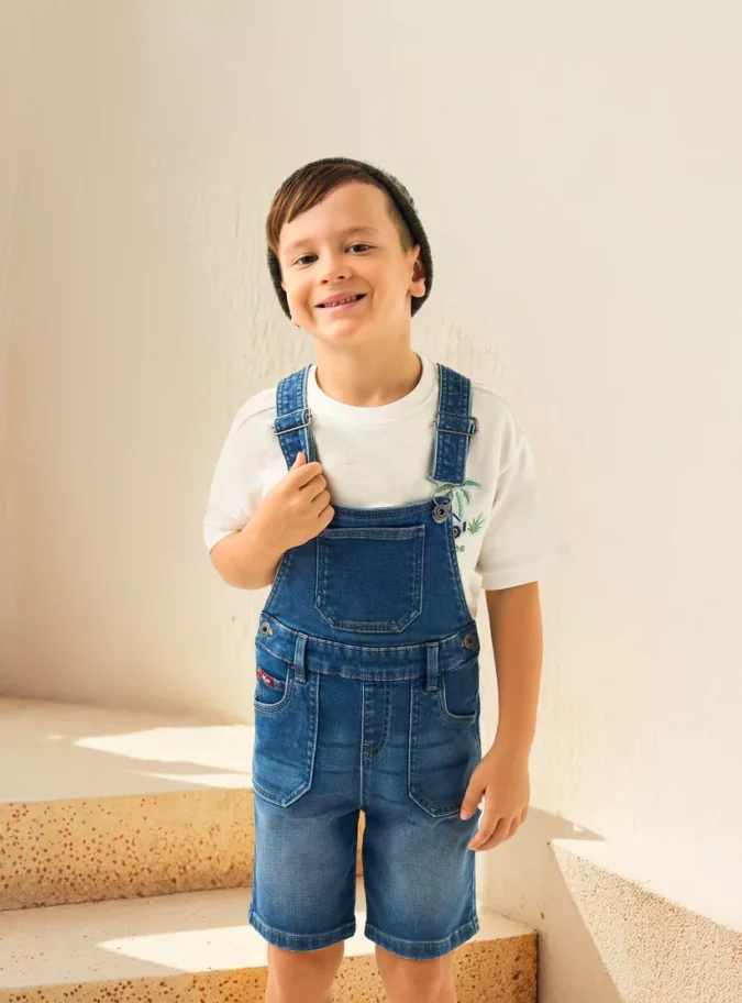 Solid Denim Dungaree with Pockets and Adjustable Straps-1