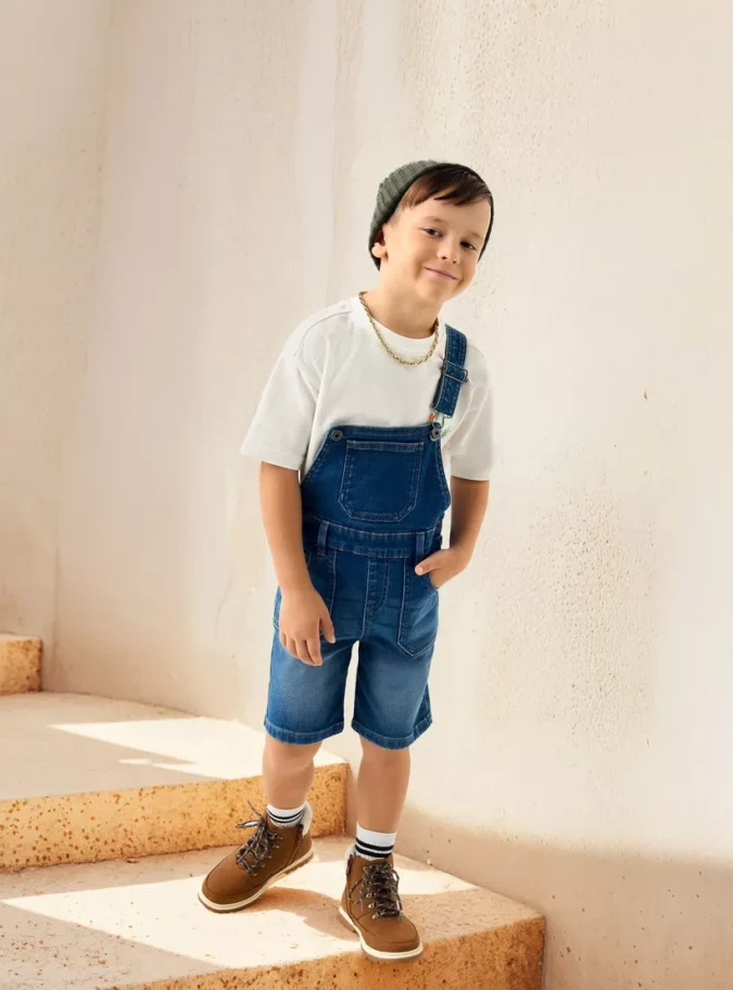 Solid Denim Dungaree with Pockets and Adjustable Straps-2