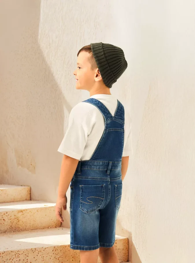Solid Denim Dungaree with Pockets and Adjustable Straps-3