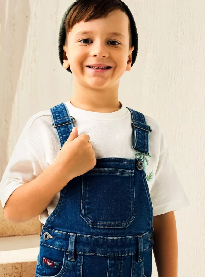 Solid Denim Dungaree with Pockets and Adjustable Straps-4