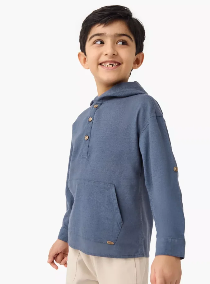 Solid Hooded Shirt with Pocket and Long Sleeves-1