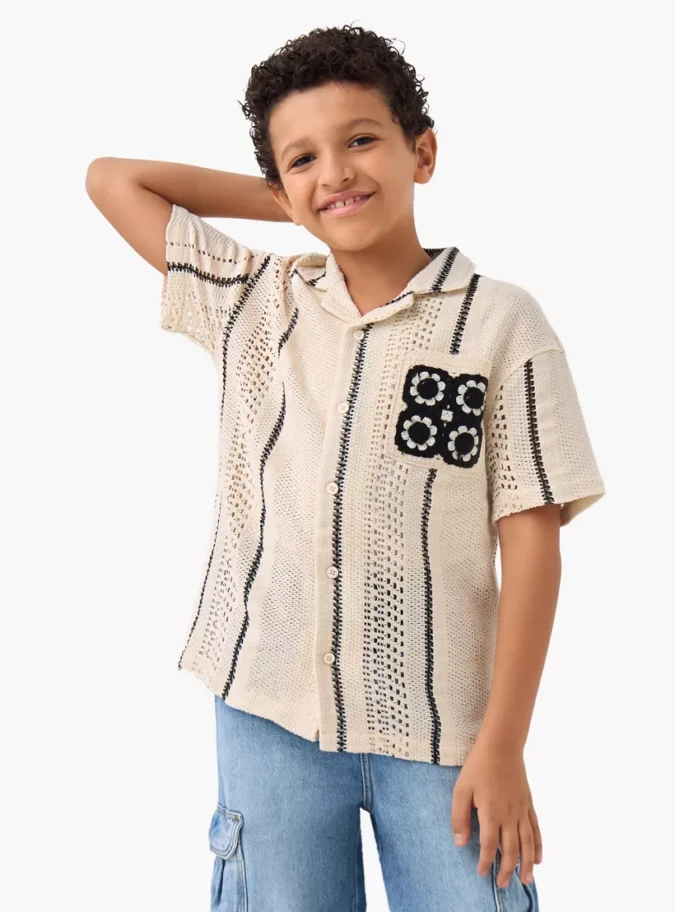 Striped Crochet Shirt with Camp Collar and Pocket-1