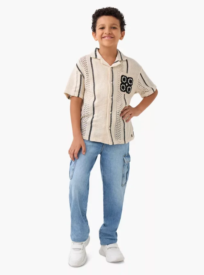 Striped Crochet Shirt with Camp Collar and Pocket-2