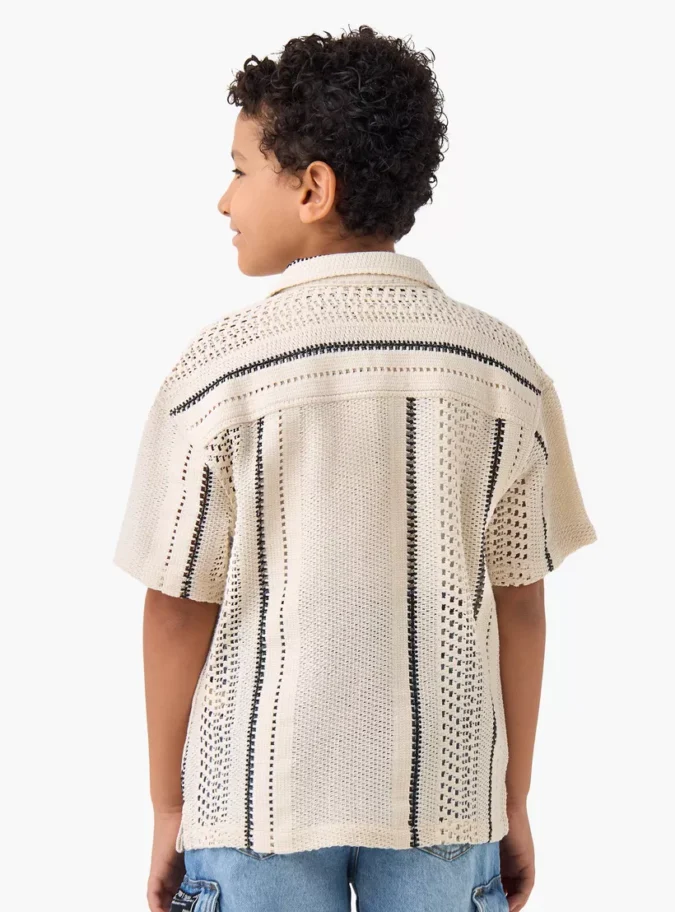 Striped Crochet Shirt with Camp Collar and Pocket-3