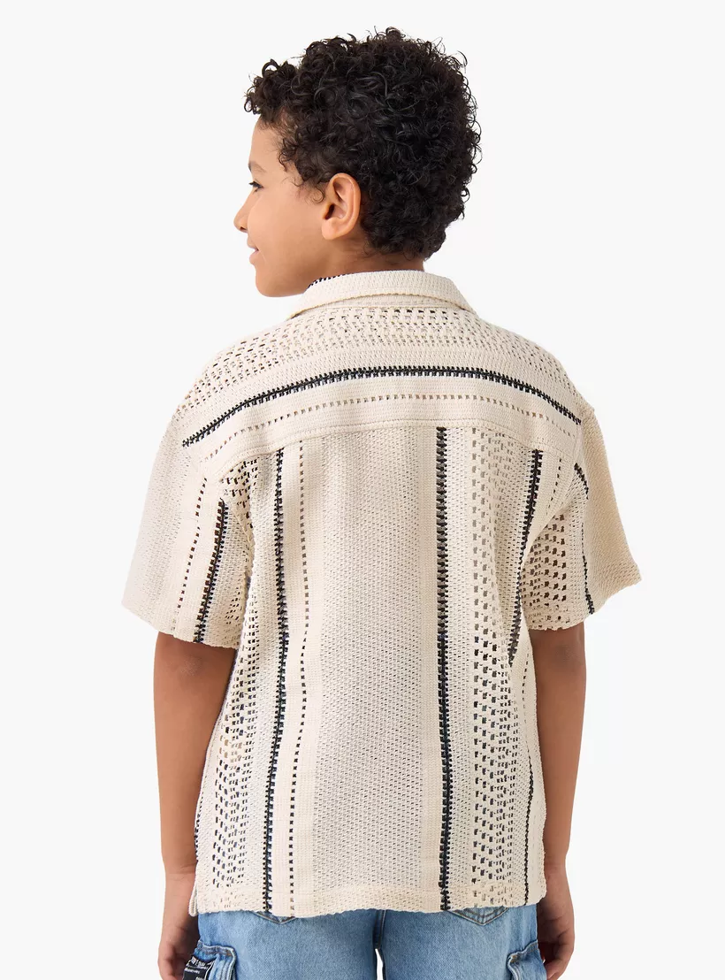 Striped Crochet Shirt with Camp Collar and Pocket-3