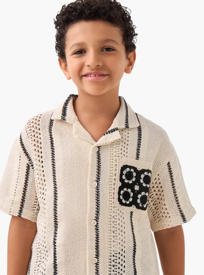Striped Crochet Shirt with Camp Collar and Pocket-4