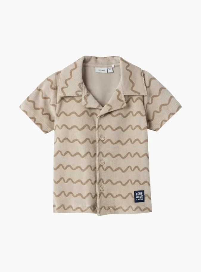 Wave Print Short Sleeves Shirt with Camp Collar-1