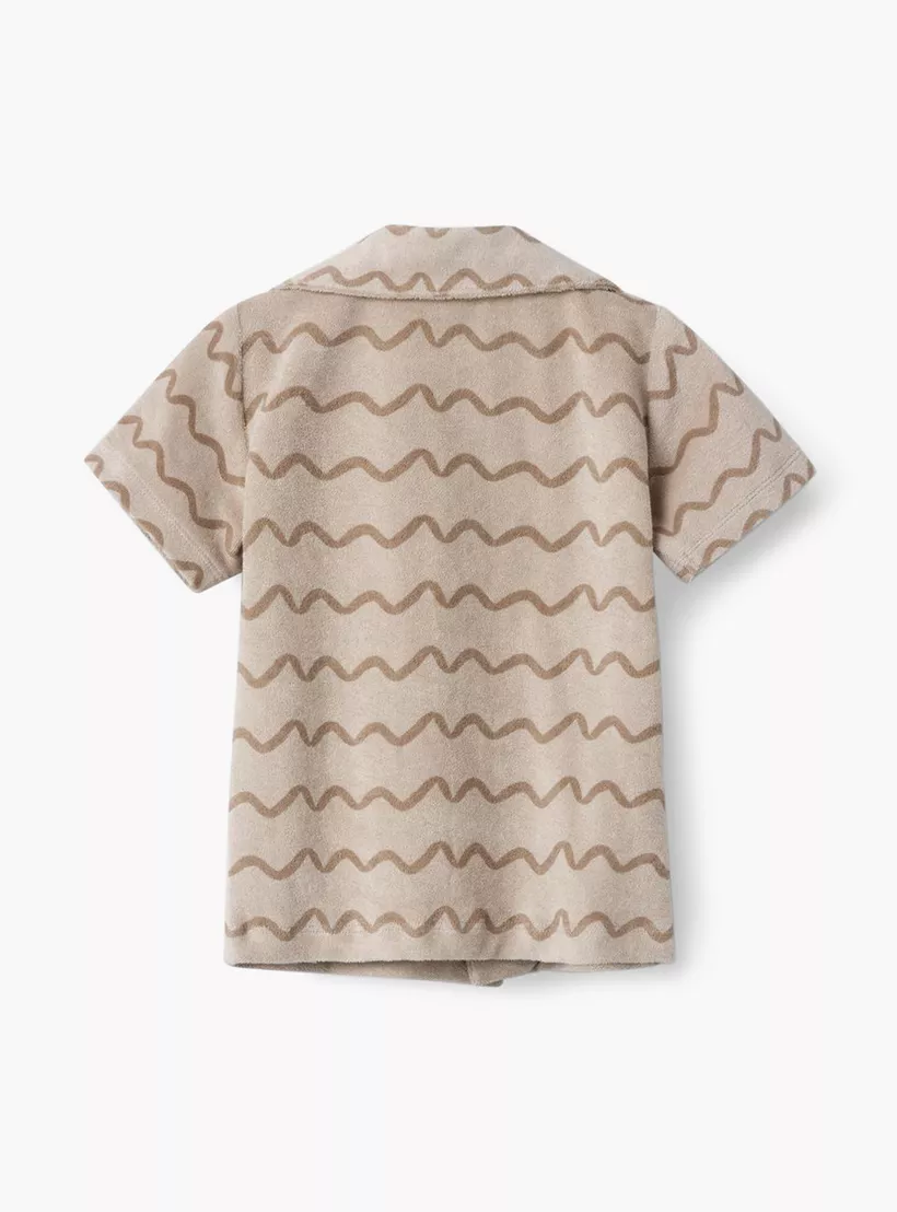Wave Print Short Sleeves Shirt with Camp Collar-3