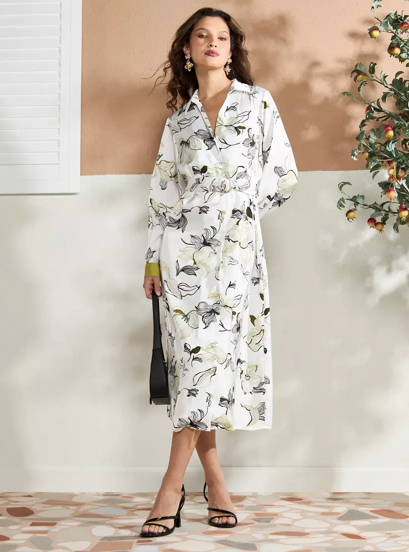 All-Over Floral Print Midi Shirt Dress-4