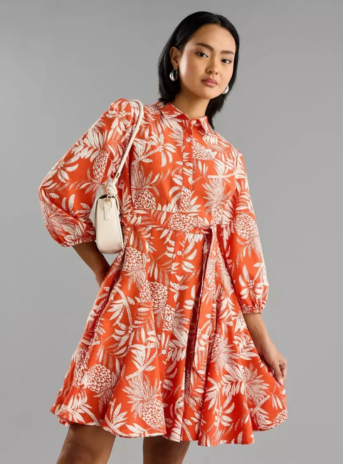 All-Over Leaf Print Shirt Dress with Tie-Up Belt-1