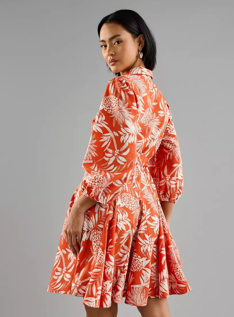 All-Over Leaf Print Shirt Dress with Tie-Up Belt-2